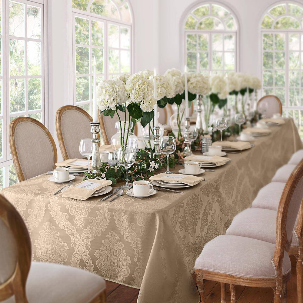 60 in. W x 120 in. L Beige Barcelona Damask Fabric Tablecloth - Hercitys