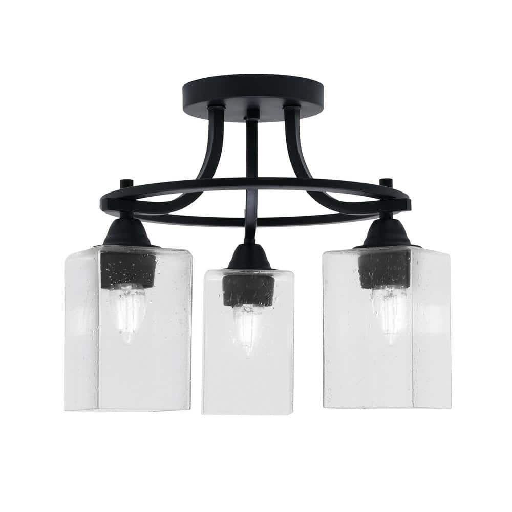 Madison 15.5 in. 3-Light Matte Black Semi-Flush Mount with Square Clear Bubble Glass Shade - Hercitys