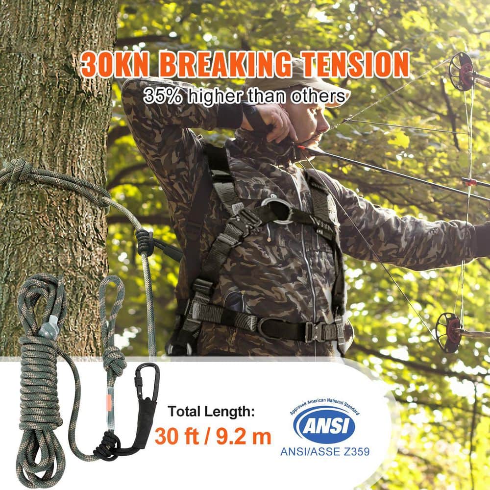 Tree Stand Safety Rope, 30 ft./91.44 m Treestand Lifeline Rope 30KN Breaking Tension, 0.6 in. Hunting Safety Line - Hercitys