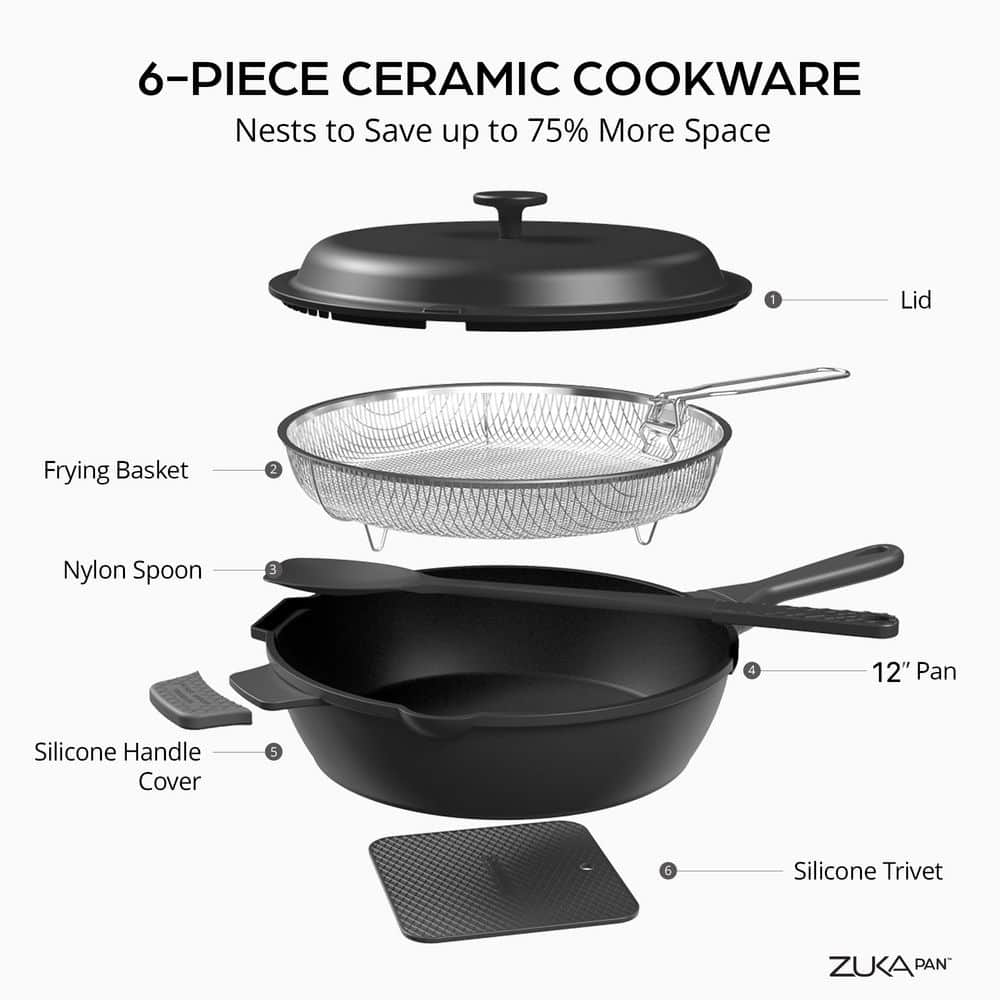 Zuka Everyday Pan 4.25 qt. Ceramic 10 in 1 Nonstick Multi-Functional Saute Pan with Lid, Nylon Spoon, & Steamer Basket - Hercitys