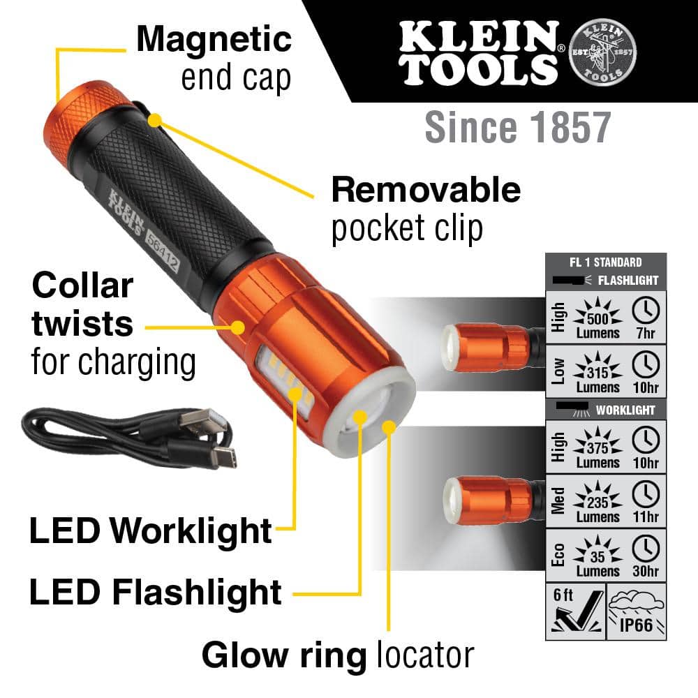 Rechargeable LED Flashlight with Worklight, 500 Lumens, 5 Modes - Hercitys
