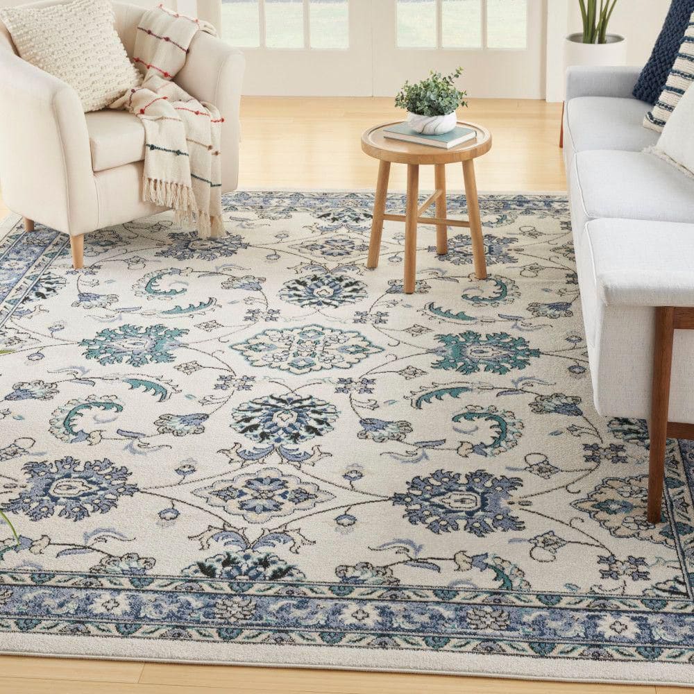 Essentials Ivory Blue 9 ft. x 12 ft. Center medallion Traditional Area Rug - Hercitys