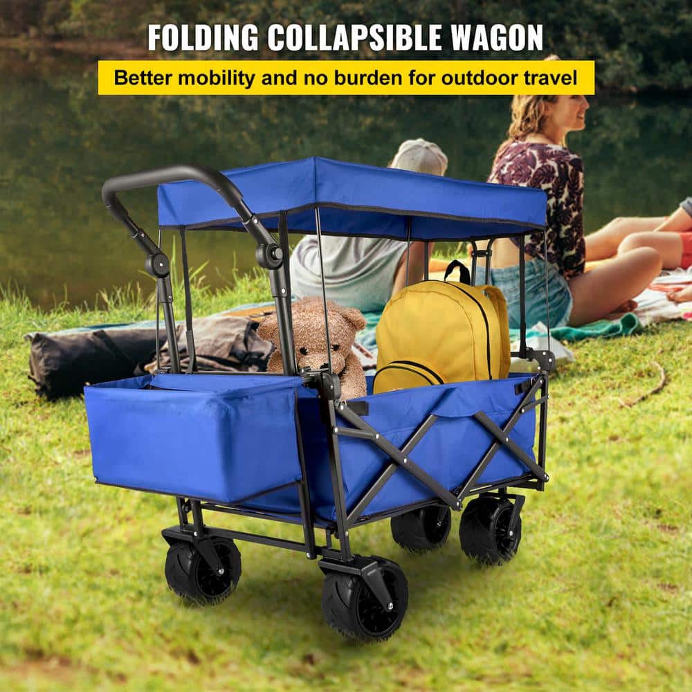 Extra Large Collapsible Garden Cart with Removable Canopy Folding Utility Wagon with Wheels, Blue, 3cu. ft., Steel Bin - Hercitys