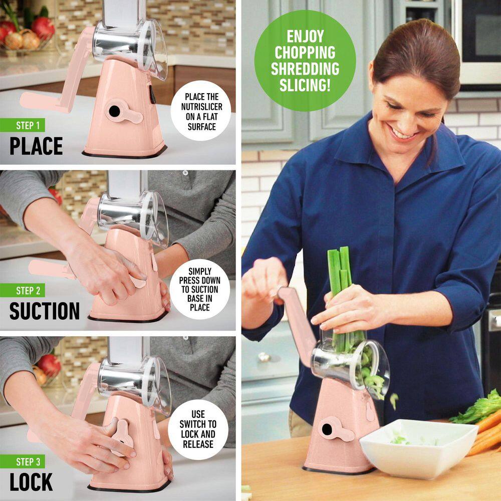 NutriSlicer 3-in-1 Spinning/Rotating Mandoline and Countertop Food Slicer and Grater in Pastel Pink - Hercitys