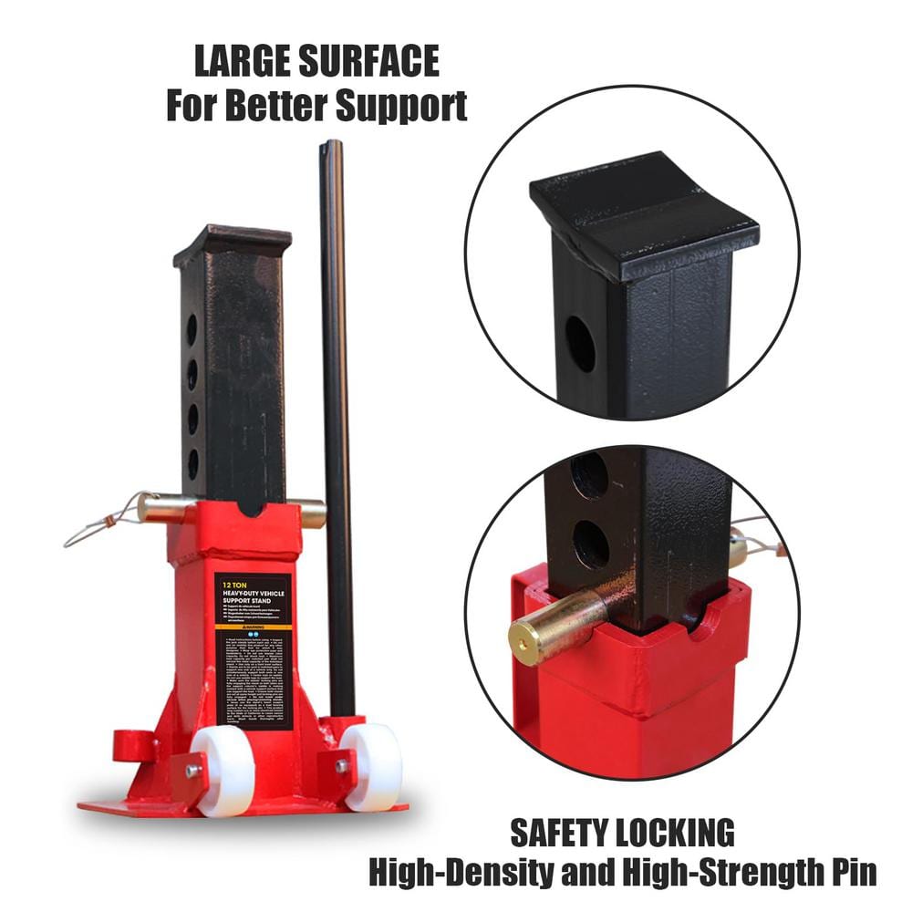 Heavy Duty Pin Style Jack Stand with 2-Casters and Handle for Car SUV, Truck, 12-Ton (24,000 lbs.) Capacity, Red - Hercitys