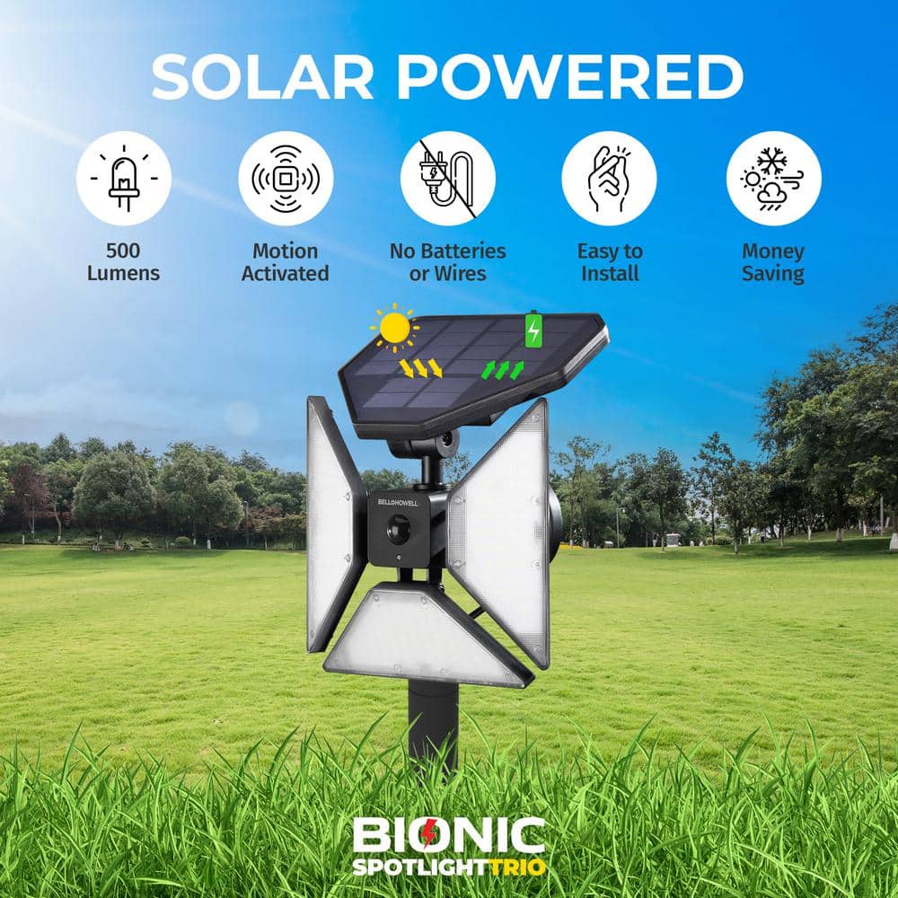 8-Watt Solar Powered Black Motion Sensor Outdoor LED Flood Light 500 Lumens Bionic Spotlight Trio - Hercitys