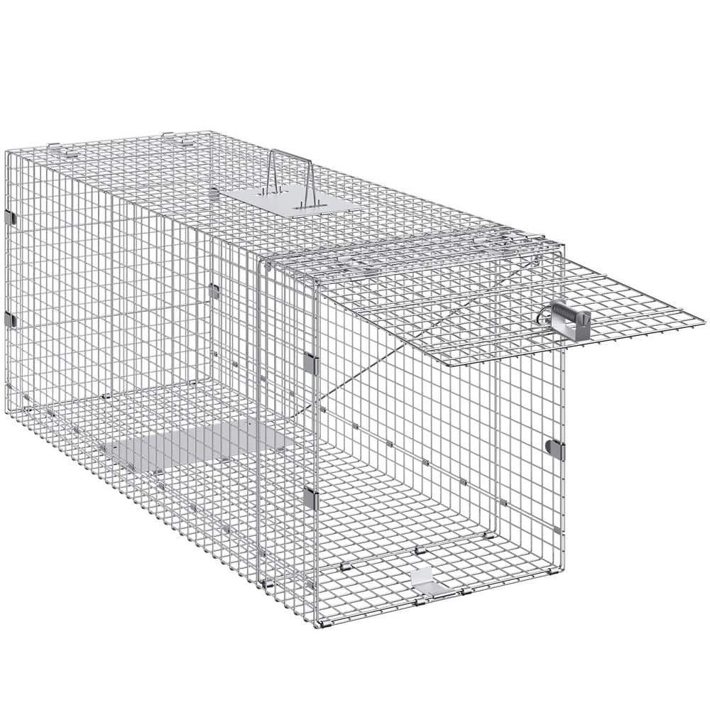 Live Animal Cage Trap, 50 x 20 x 26 in. Humane Cat Trap Galvanized Iron, Folding Animal Trap with Handle for Stray Dogs - Hercitys