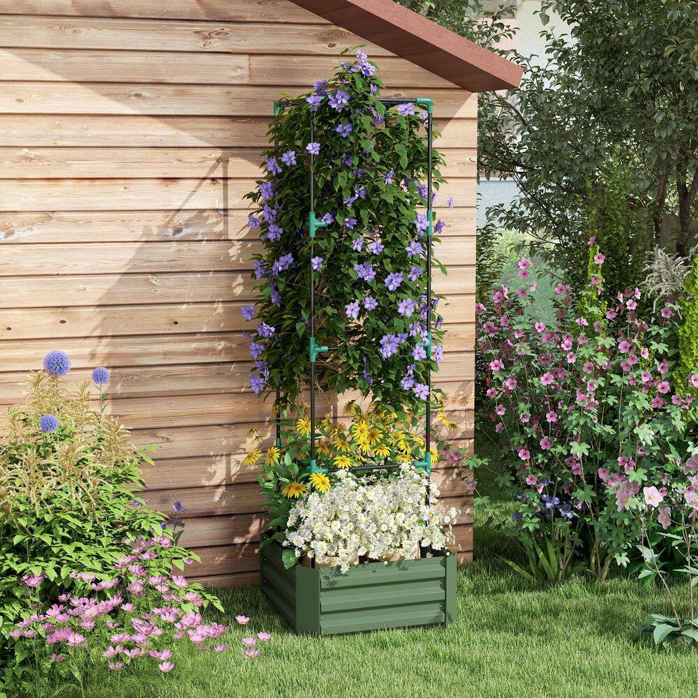 Material Galvanized Steel Raised Garden Bed with Adjustable Tomato Cage Trellis, 24 in. x 24 in.  Green Planter Box - Hercitys