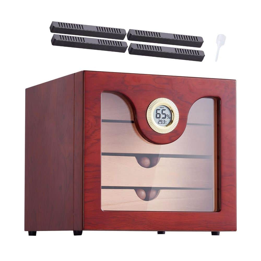 Cigar Humidor Cabinet, Handmade Spanish Cedar Wood Cigar Humidor for 50-100 Cigars, Glass Cigar Desktop Storage Case - Hercitys