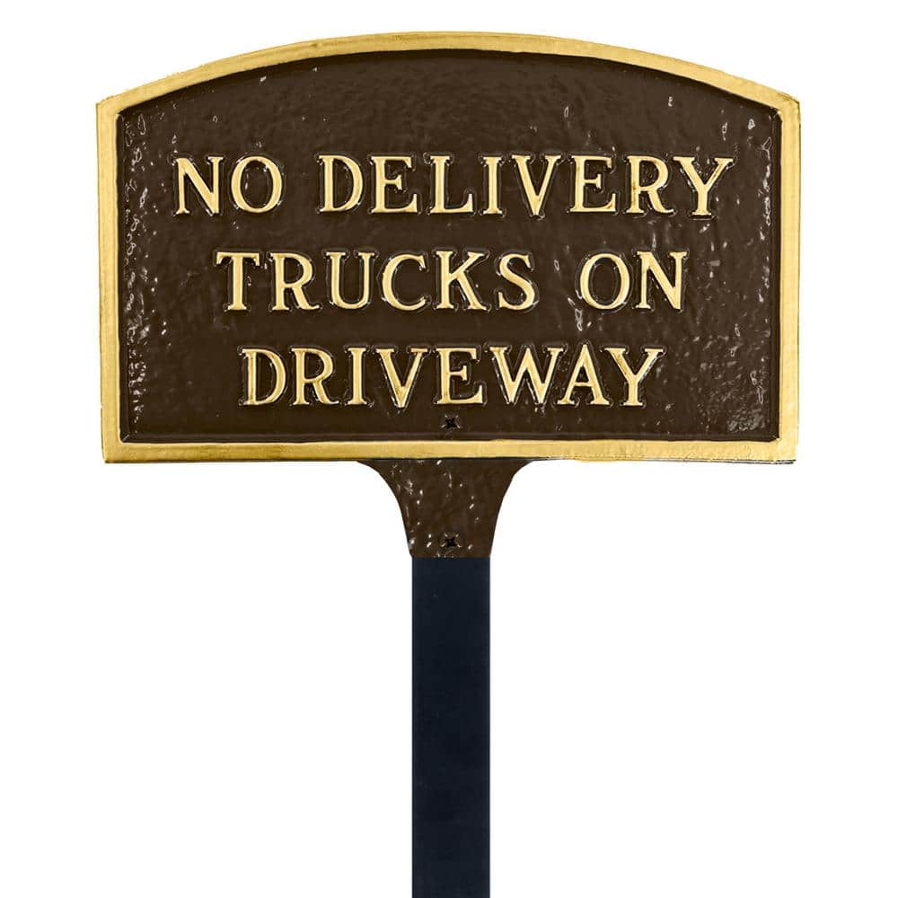 No Delivery Trucks on Driveway Small Arch Statement Plaque with 17.5 in. Lawn Stake-Oil Rubbed/Gold - Hercitys