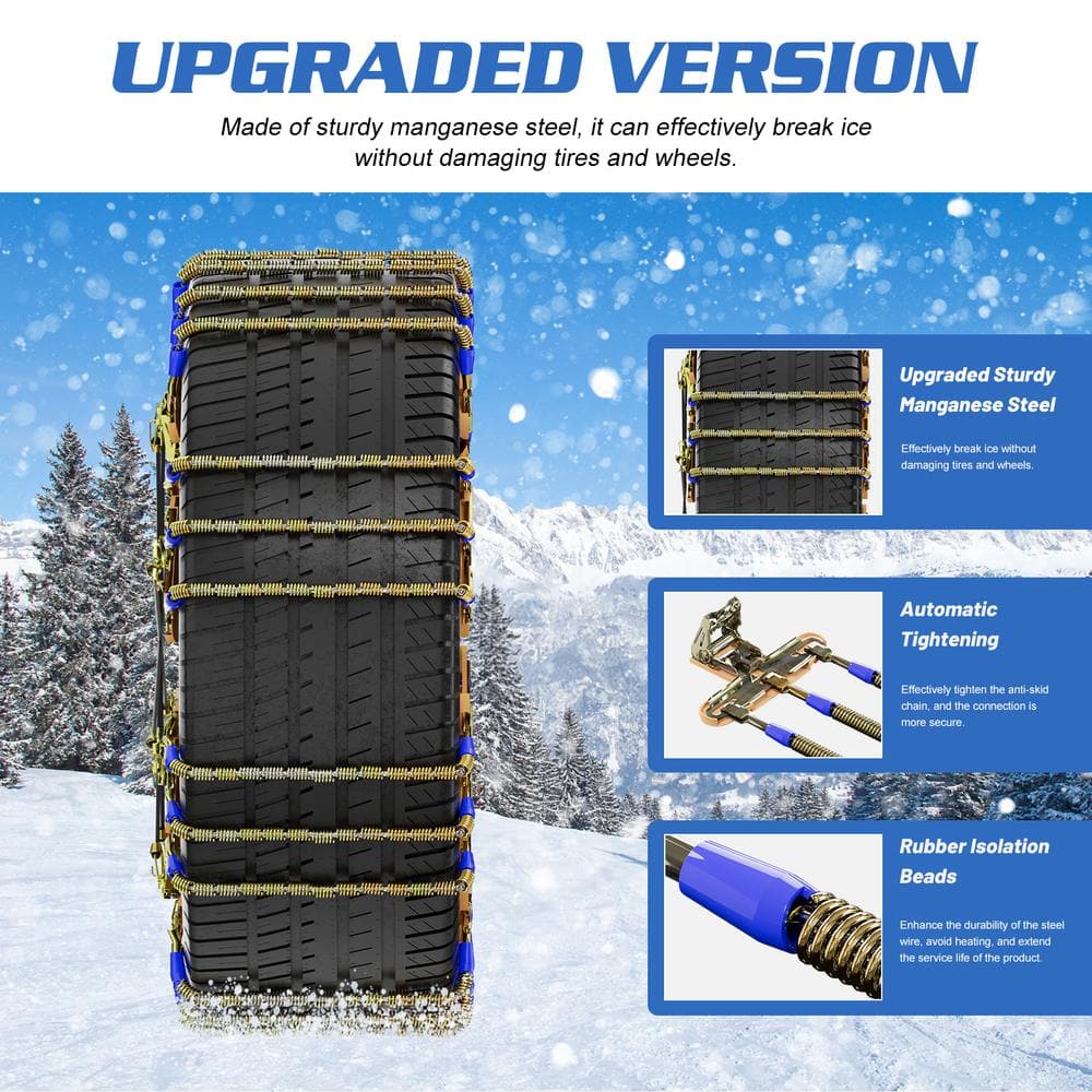8-Pack Cable Snow Chains Adjustable Emergency Portable Snow Tire Chains for Tire Width 8.5-11.2 in. (Set of 8) - Hercitys