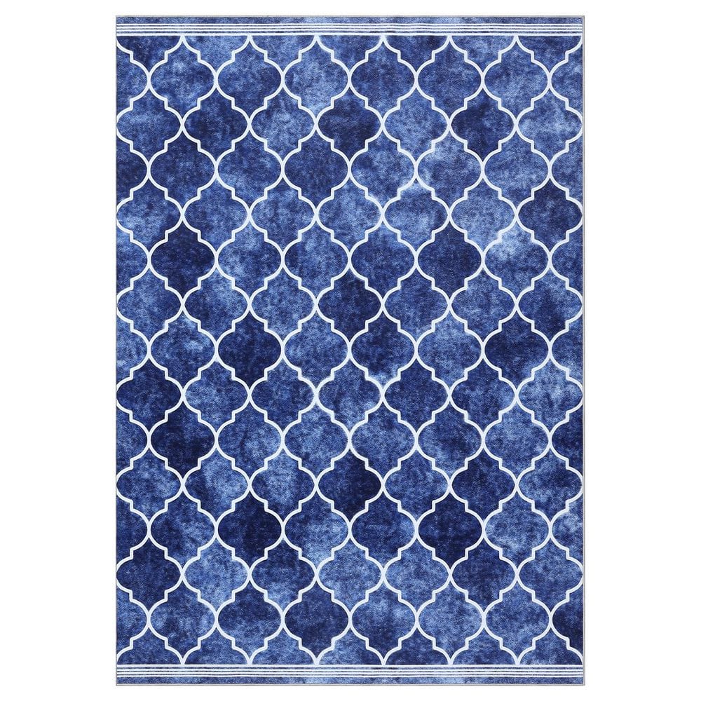 Vintage Grid Printed Rug Low Pile Non-Slip Carpet Washable Home Decor Rug Blue, 9 ft. x 12 ft. Area Rug - Hercitys