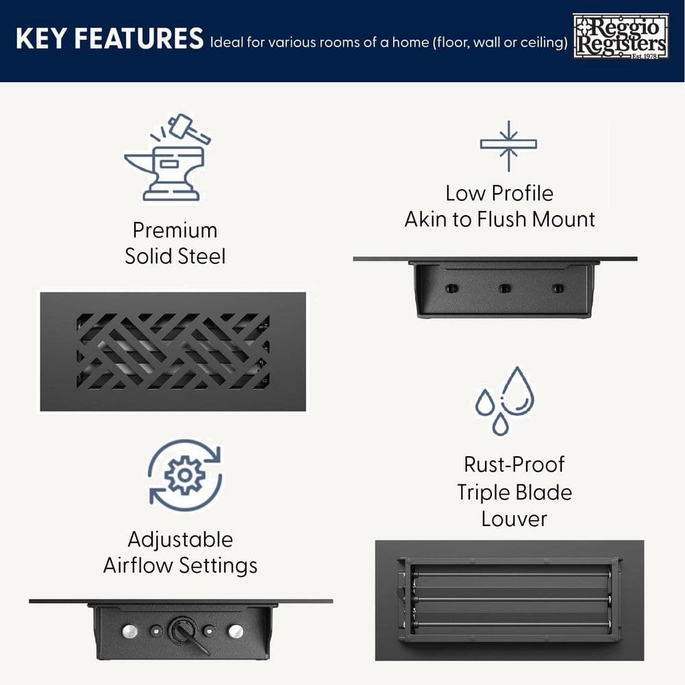 Low Profile 10 in. x 4 in. Steel Floor Register in Black Diagonal Pattern (3-Pack) - Hercitys