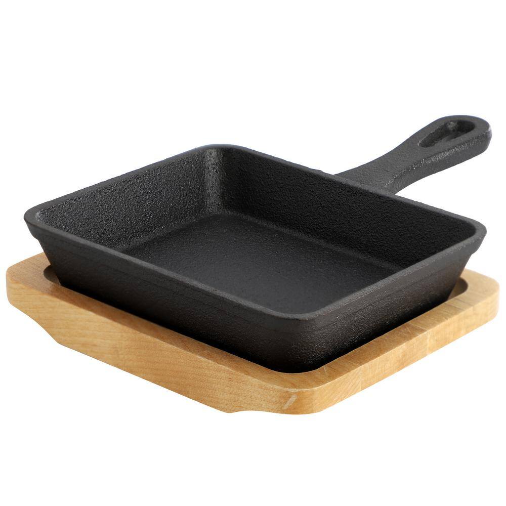 6 Piece 5in. Mini Cast Iron Square Frying Pan with Wood Tray - Hercitys