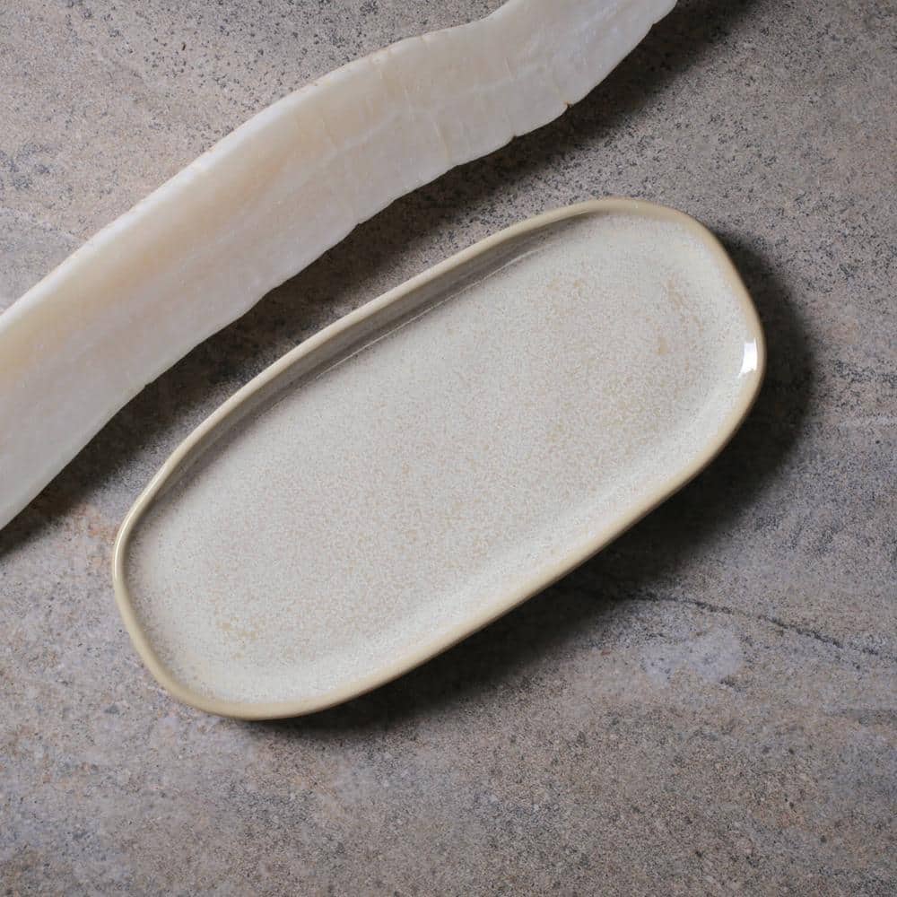 9.06 in. Latte Beige Stoneware Shallow Oval Platter Organic (Set of 4) - Hercitys