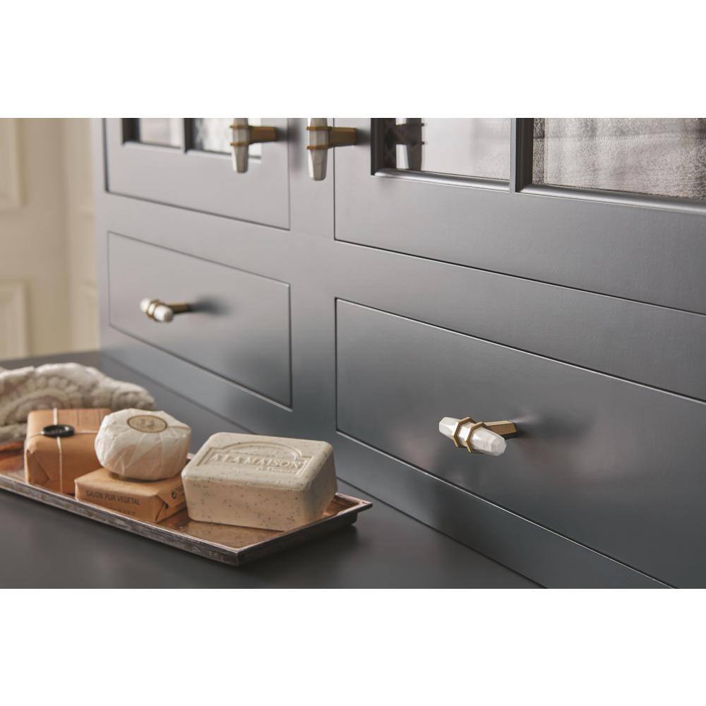 Carrione 2-1/2 in. (64mm) Modern Marble White/Golden Champagne Bar Cabinet Knob - Hercitys