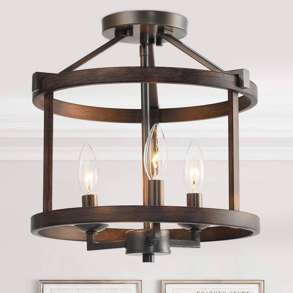 Modern Farmhouse Brown Drum Semi Flush Mount 3-Light Faux Wood Textured Candlestick Bedroom Living Room Ceiling Lighting - Hercitys