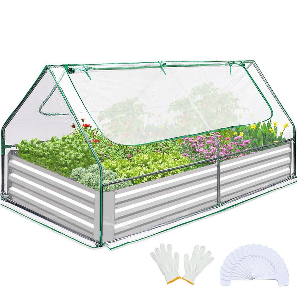 Large 6 x 3 x 1 ft. Clear Galvanized Metal Raised Garden Bed with Mini Greenhouse and Ventilated Cover - Hercitys