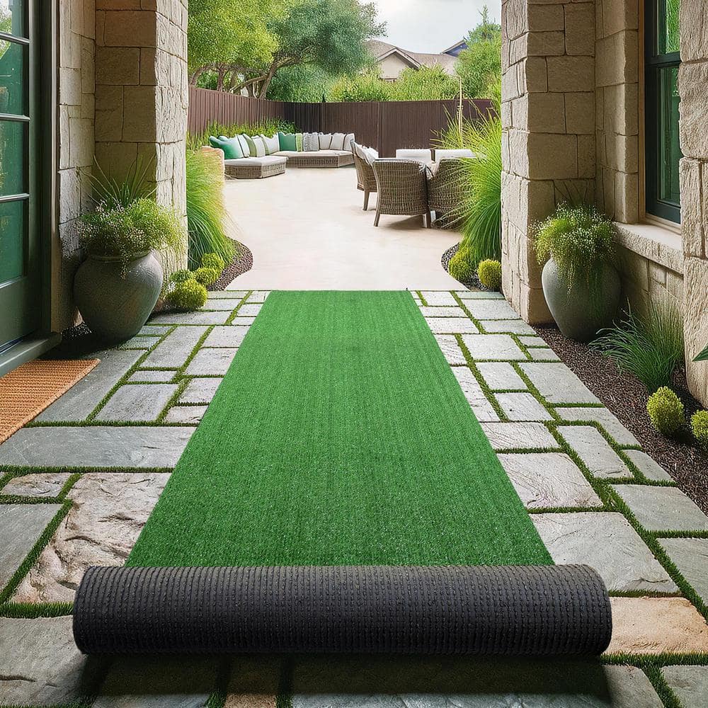 Green 3 ft. x 30 ft. Meadowland Collection Waterproof Solid Artificial Grass Runner Rug Indoor/Outdoor Area Rug - Hercitys