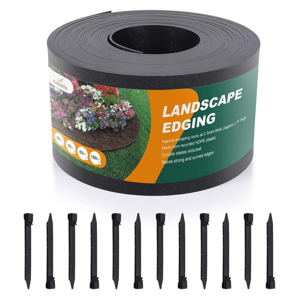 60 ft. x 0.1 in. x 5 in. Black Polyethylene Edging with Stakes - Hercitys