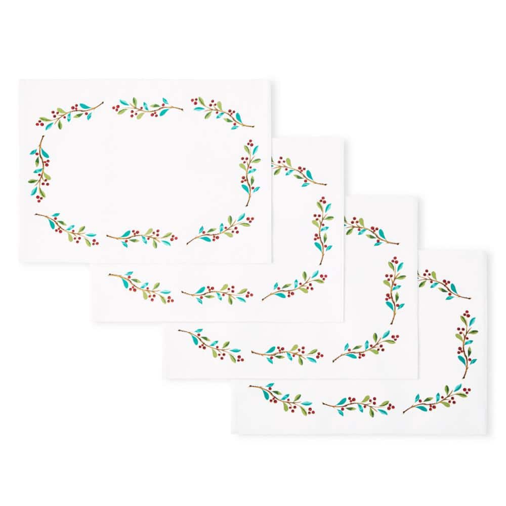 Holly Sprig Holiday Border 13 in. x 18 in. White/Red/Green Placemat Set (4-Pack) - Hercitys