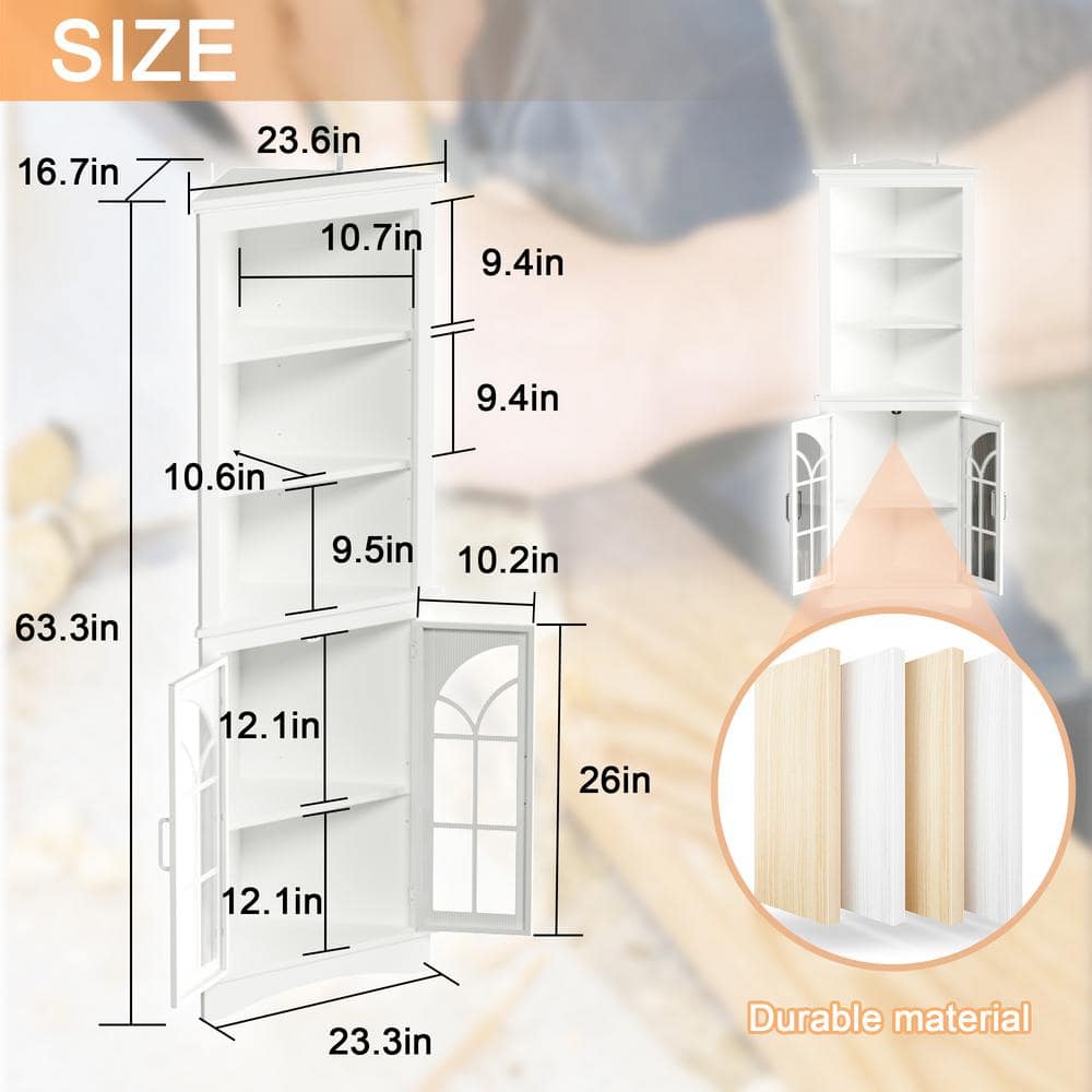 White Corner Storage Cabinet, 5-Tier Corner Display Cabinet with Doors, and Adjustable Shelves - Hercitys