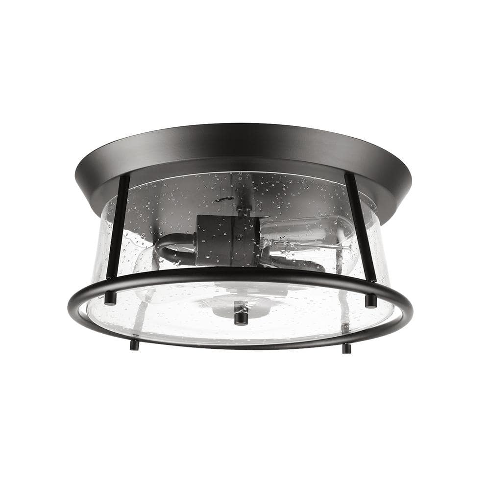Donny 12.75 in. 2-Light Dark Bronze Flush Mount with Seeded Glass Shade, Light Bulbs Included - Hercitys