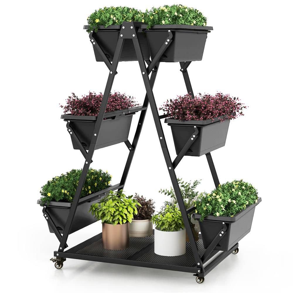 Metal Black Raised Garden Bed Planter Stand Elevated Garden Planter with 6-Container Boxes Drainage System and 4 Wheels - Hercitys