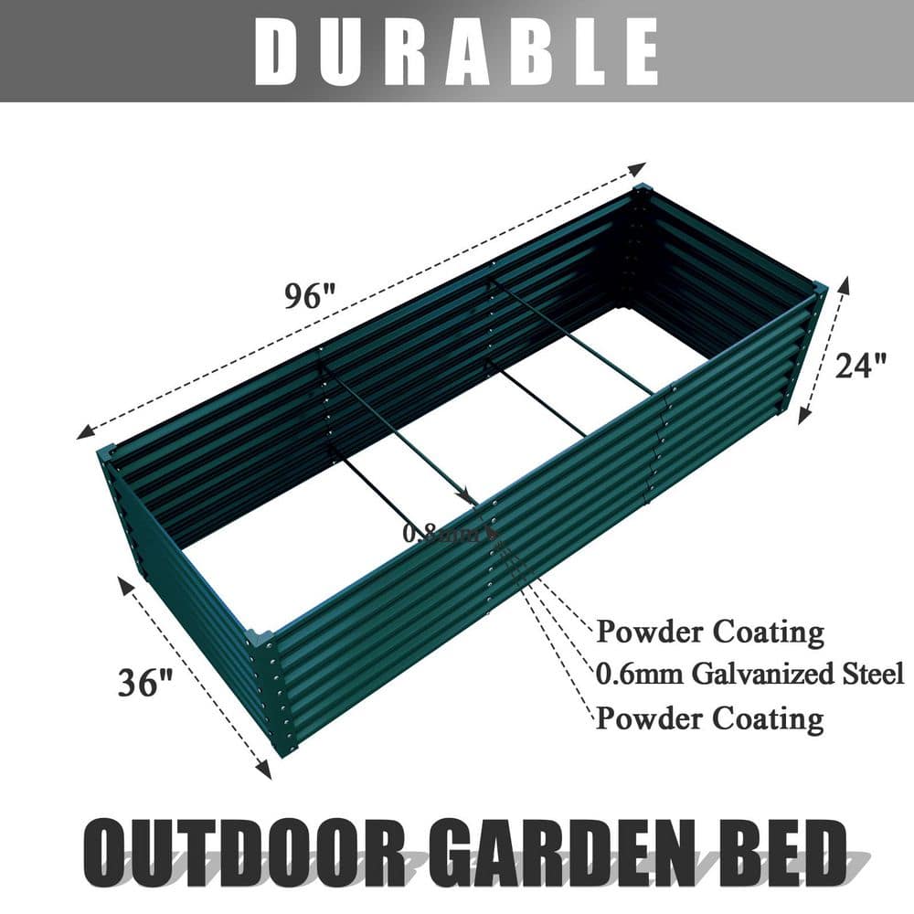 96 in. x 36 in. x 24 in. Green Galvanized Raised Garden Bed, Rectangular Metal Planter Box for Vegetables Flowers Fruits - Hercitys