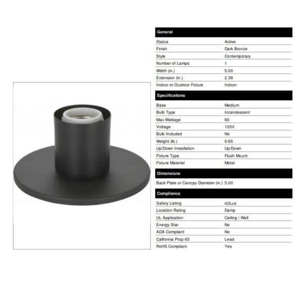 Nuvo 5 in. 1-Light Bronze Contemporary Semi-Flush Mount Light with No Shade and No Bulbs Included - Hercitys