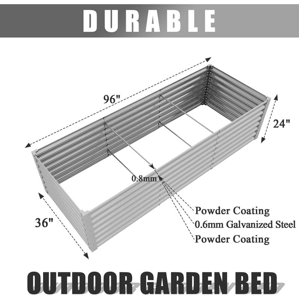 Gray 96 in. x 36 in. x 24 in. Galvanized Raised Garden Bed, Rectangular Metal Planter Box for Vegetables Flowers Fruits - Hercitys