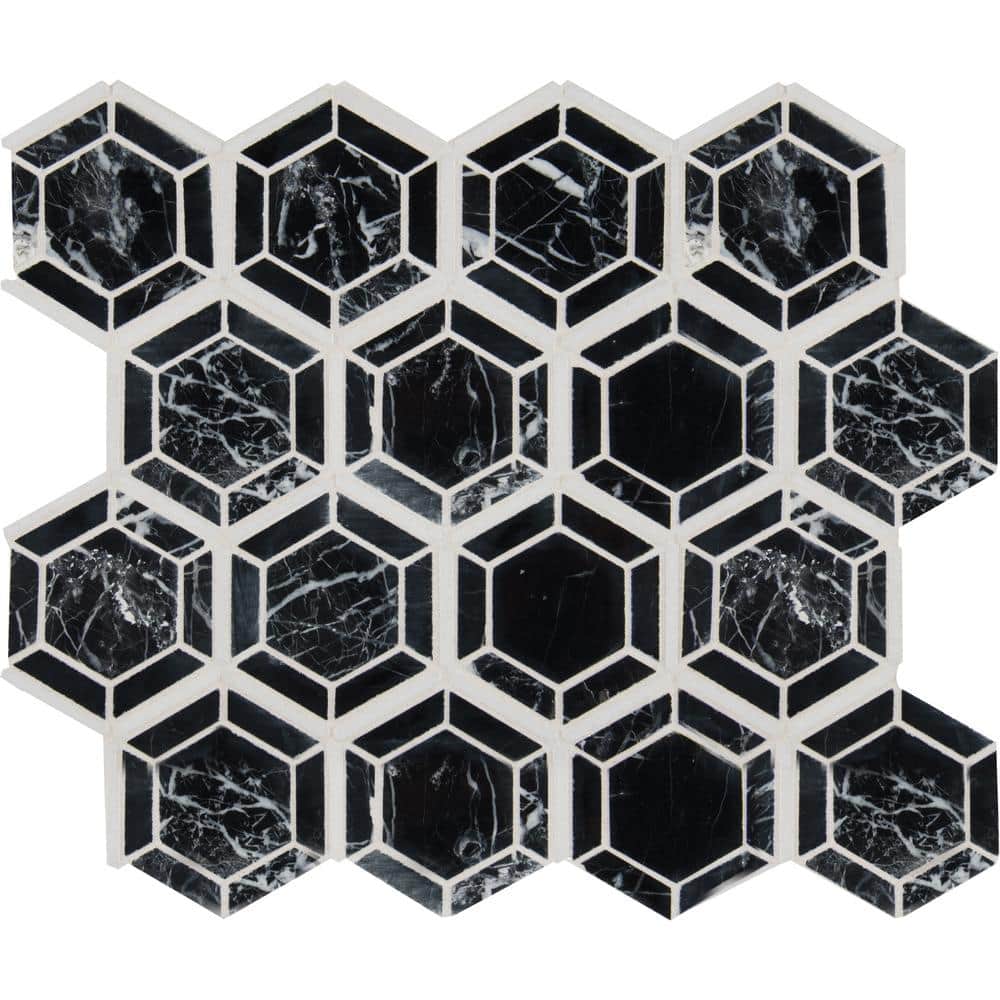 Hexagono Nero 11 in. x 13 in. x 0.38 in. Polished Marble Mesh-Mounted Mosaic Floor and Wall Tile (10.6 sq. ft./Case) - Hercitys