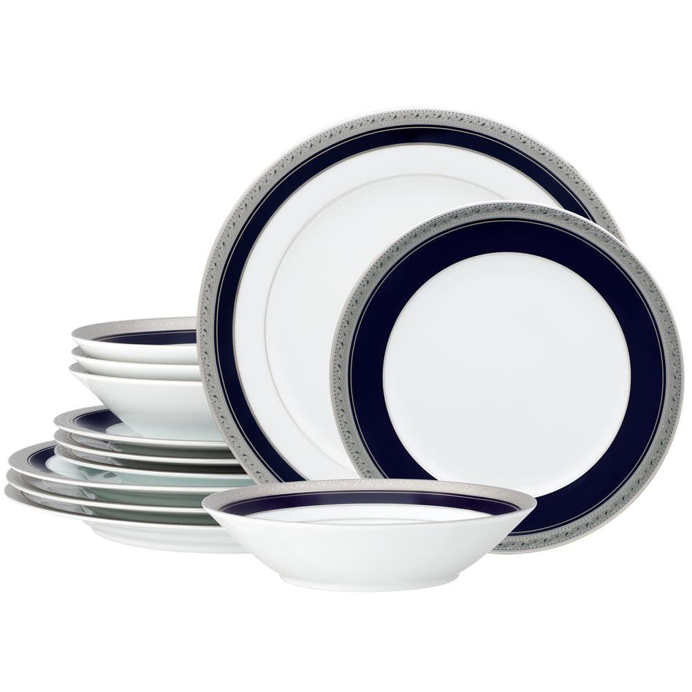 Crestwood Cobalt Platinum 12-Piece (White) Porcelain Dinnerware Set, Service for 4 - Hercitys