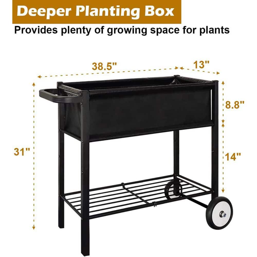 Raised Planter Bed Box 38.5 in. L x 13 in. W x 31 in. H Drainage System Black Metal Elevated Gardening Cart on Wheels - Hercitys