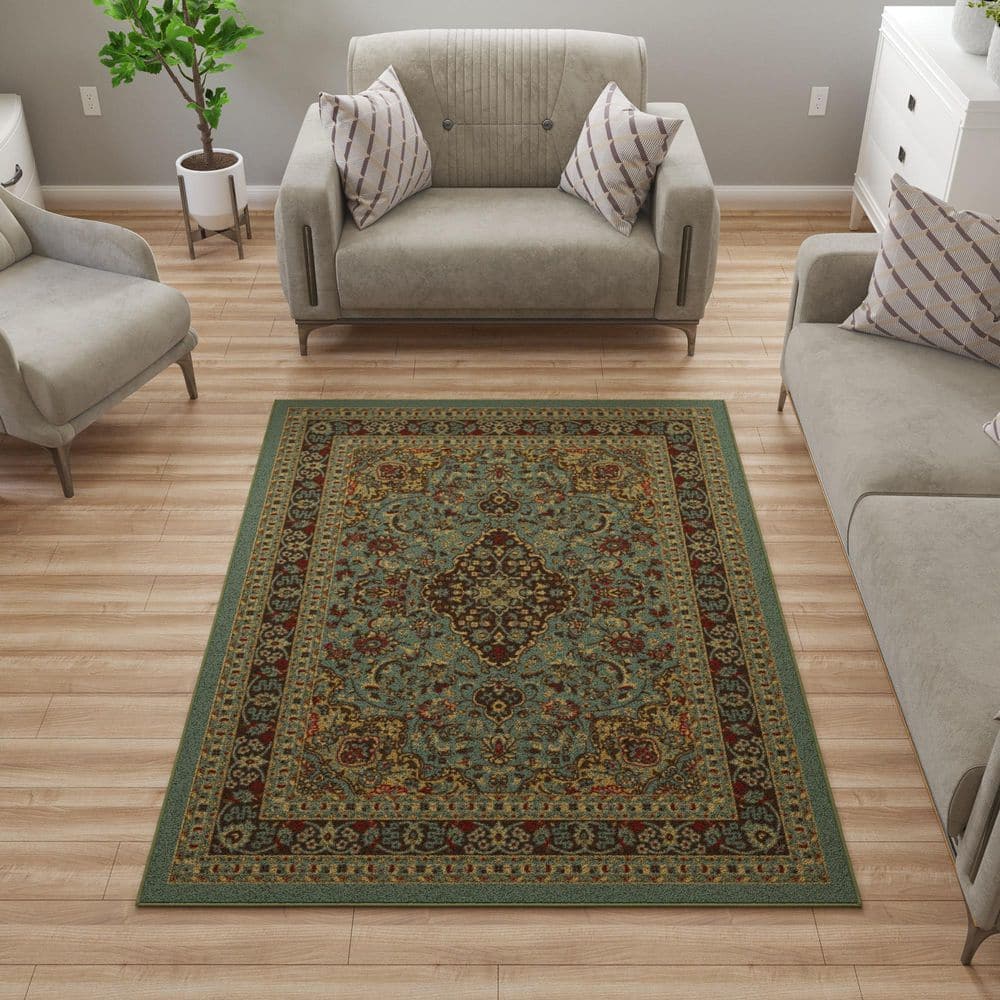 Ottohome Collection Non-Slip Rubberback Medallion Oriental 5×7 Indoor Area Rug, 5 ft. x 6 ft. 6 in., Dark Seafoam Green - Hercitys