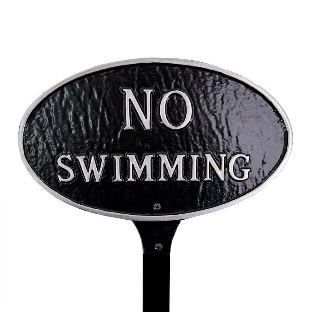 8.5 in. x 13 in. Standard Oval No Swimming Statement Plaque Sign with Lawn Stake – Black/Silver - Hercitys
