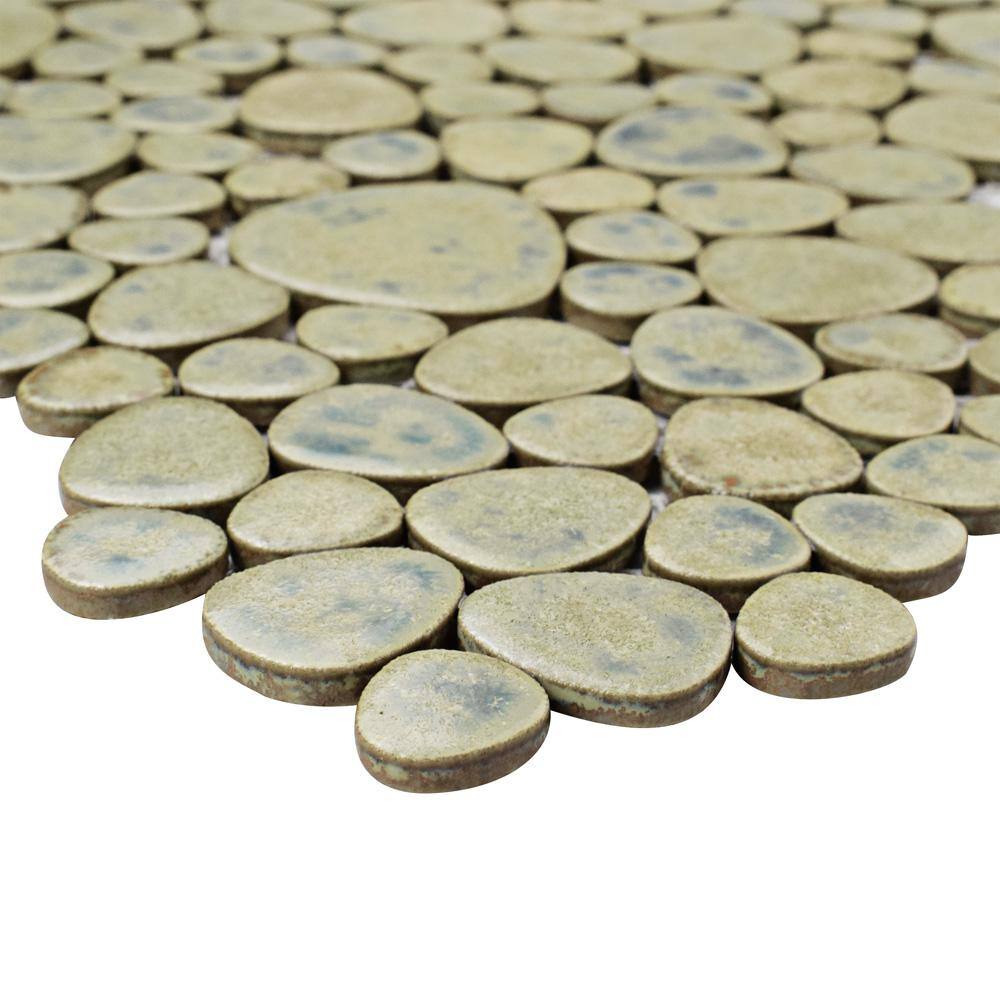 Pebble Green Moss 11 in. x 11 in. Porcelain Mosaic Tile (8.6 sq. ft./Case) - Hercitys