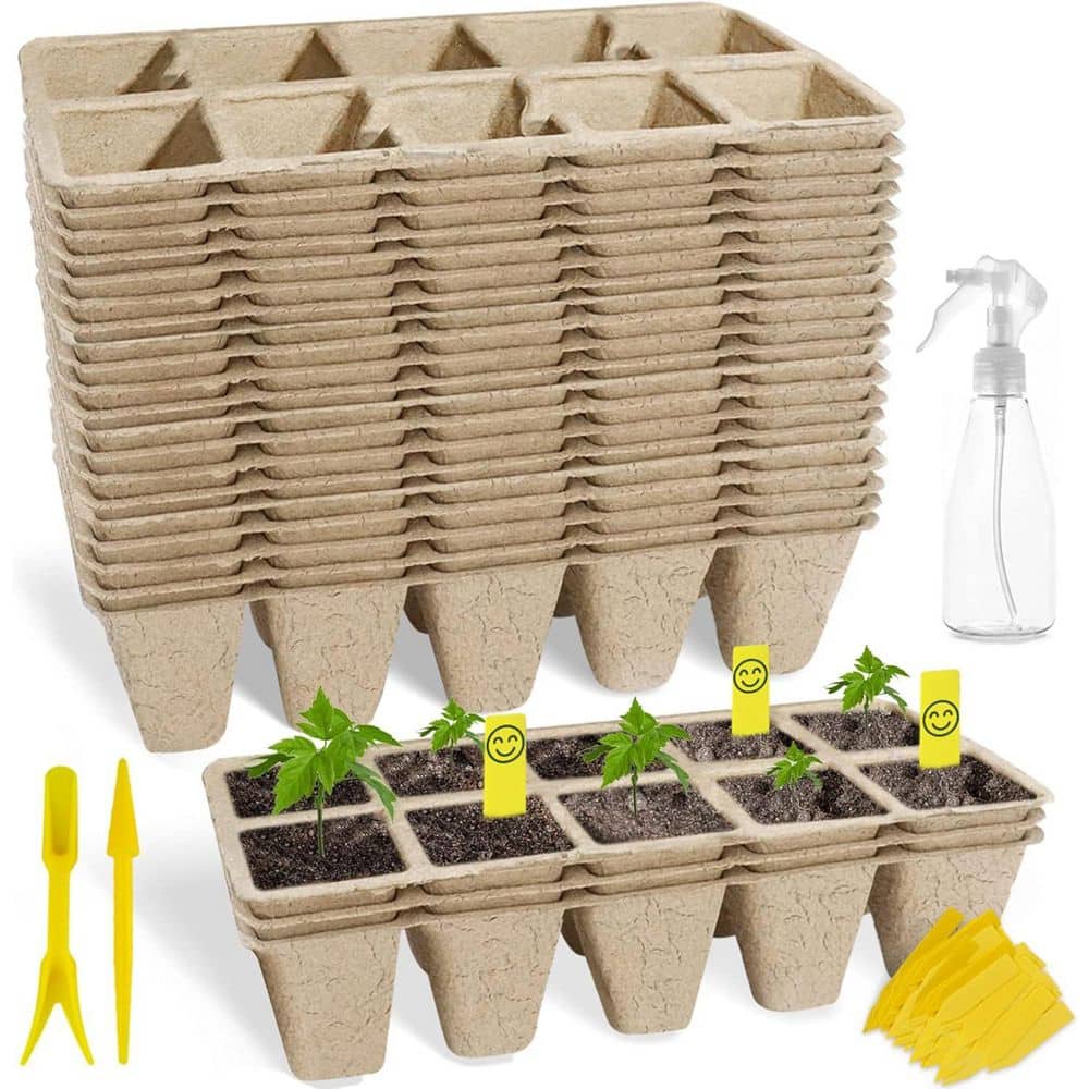 Biodegradable Seed Starter Kit with 400 Cells and 400 Plant Labels Includes 40 Peat Pot Trays, Tools, and Spray Bottle - Hercitys