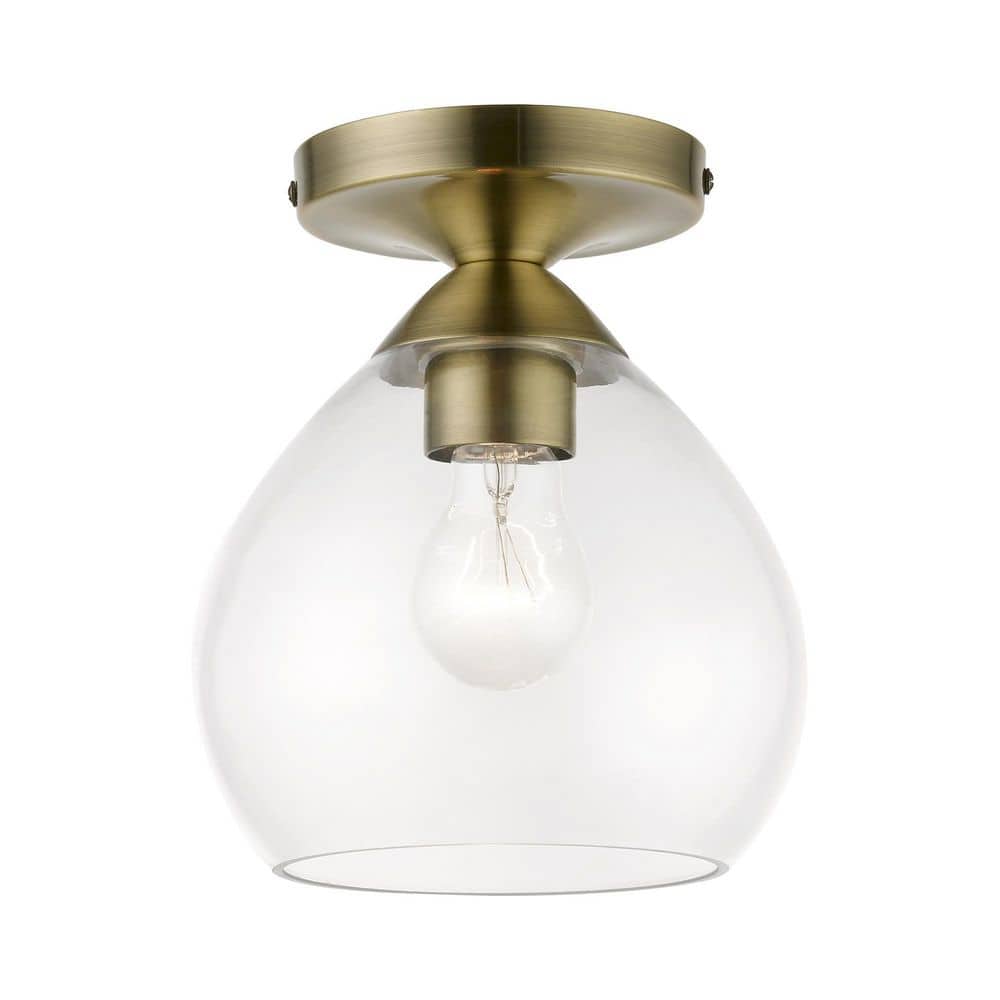 Parkhurst 7 in. 1-Light Antique Brass Semi Flush Mount with Clear Glass - Hercitys