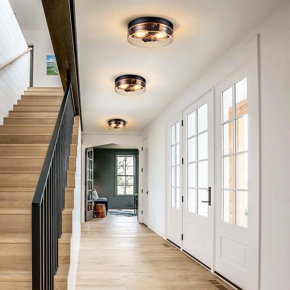 Waveland 2-Light Black 11.2 in. Flush Mount Mid-Century Rustic with Seeded Glass Shade - Hercitys