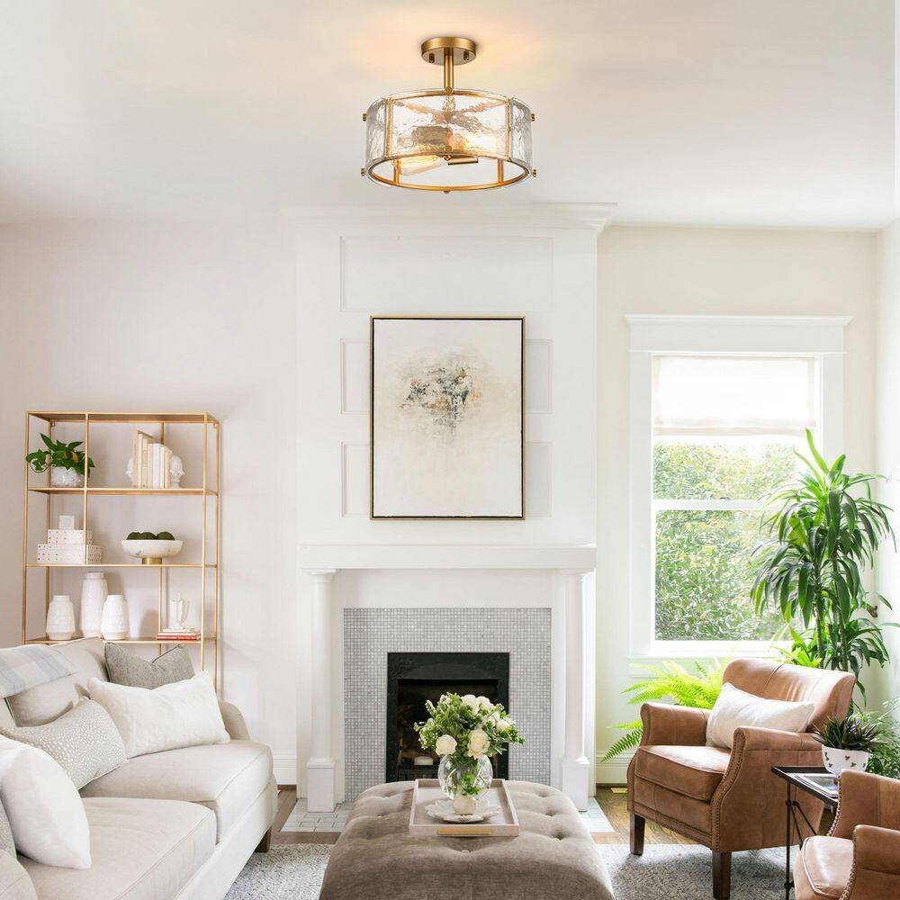 Modern 2-Light 12.8 in. Gold Semi Flush Mount Ceiling Light with Water Ripple Glass Shades for Bedroom, Kitchen - Hercitys