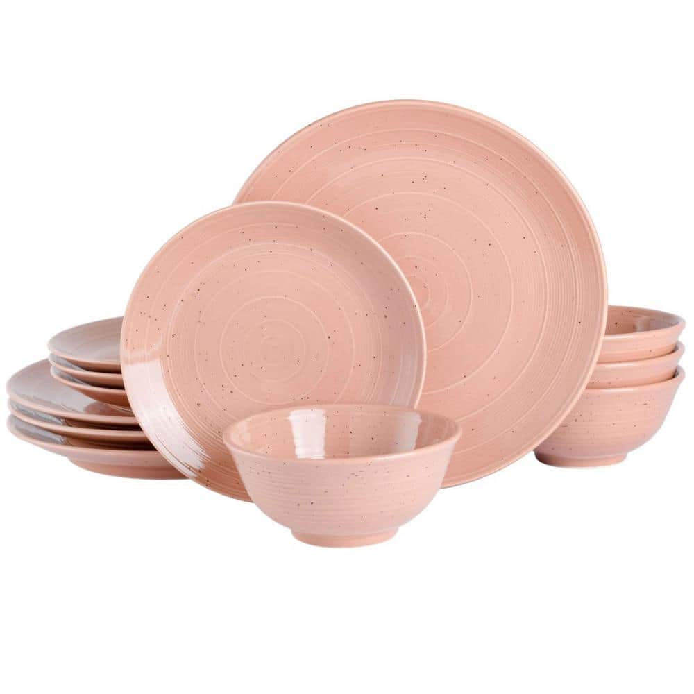 Ramapo 12 Piece Stoneware Dinnerware Set in Soft Coral Speckle - Hercitys