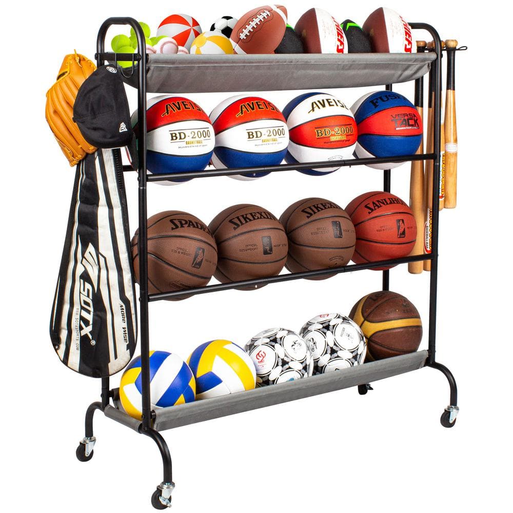 Basketball Rack, 200 Lbs Garage Ball Storage Rack with Baseball Bat Holder and Hooks, Sports Organizer with Wheels - Hercitys