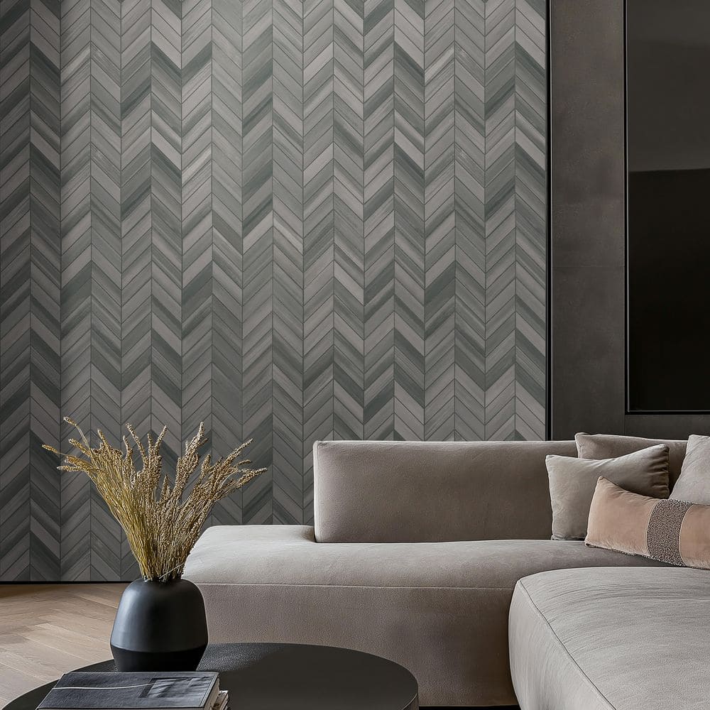 Water Color Graphite Chevron 12 in. x 15 in. x 0.39 in. Matte Porcelain Mosaic Mesh-Mounted Tile (5 sq. ft. /Case) - Hercitys