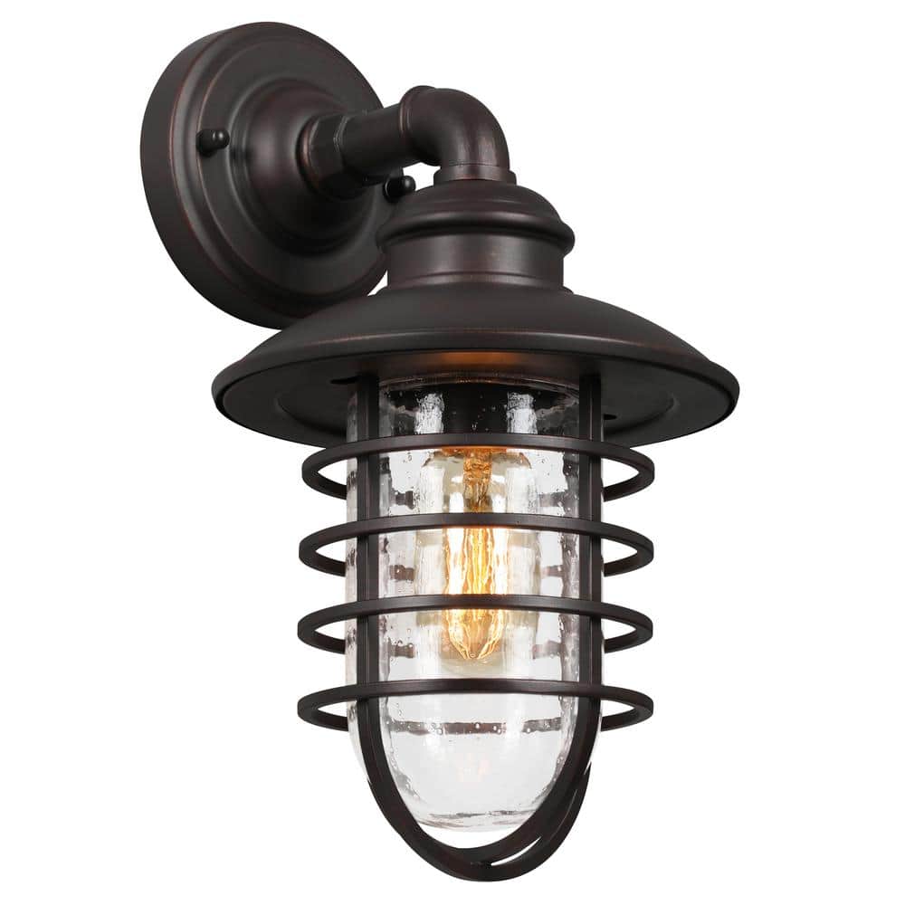 Stevenson 1-Light Bronze Rustic Industrial Indoor/Outdoor Wall Lantern Sconce - Hercitys