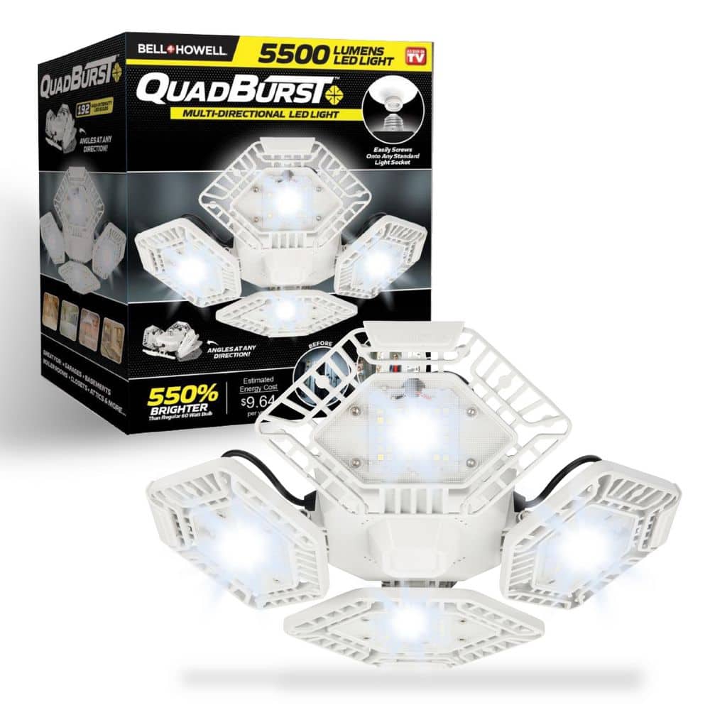 QuadBurst 10.6 in. 192 High Intensity LED 5500 Lumens White Flush Mount Ceiling Garage Light with 4 Adjustable Heads - Hercitys