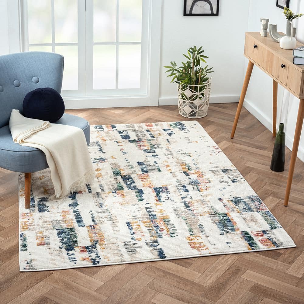 Britny Blue/Orange 5 ft. x 7 ft. Contemporary Abstract High-Low Plush Polyester Blend Area Rug - Hercitys