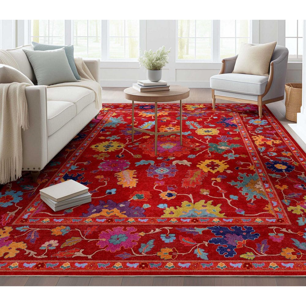 Ushak Bodrum Modern Vintage Floral, Red 5 ft. 3 in. x 7 ft. 3 in. Area Rug - Hercitys