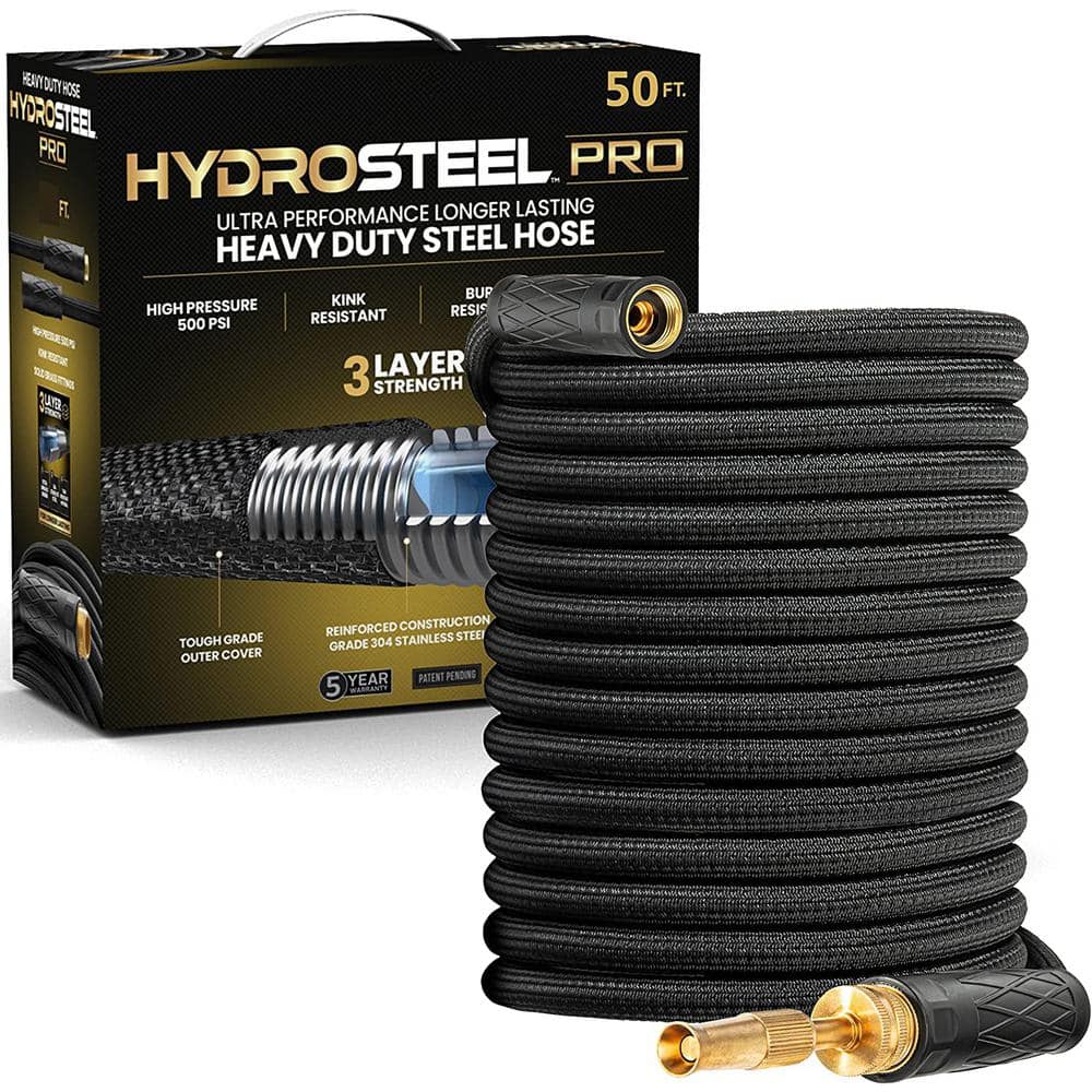 Pro 50 ft. Heavy-Duty Flexible Lightweight 304 Stainless Steel Metal Water Hose with Brass Nozzle - Hercitys