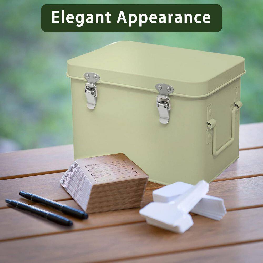 Seed Storage Box with Dividers Durable Metal Organizer Includes Pens Plant Labels Envelopes Green for Gardening - Hercitys